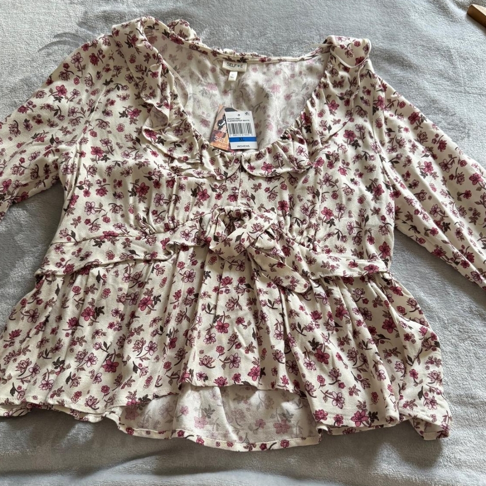 Cream Blouse with Pink Floral Print